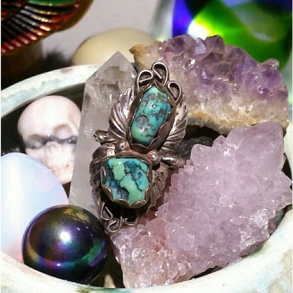 Size 11 Vintage Turquoise Sterling Silver Ring - Picture 1 of 3